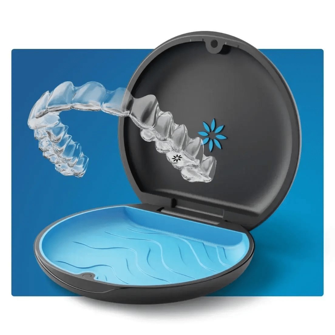 Clear Invisalign aligners displayed with an aligner case, Beaverton Orthodontics, Beaverton, OR 97007